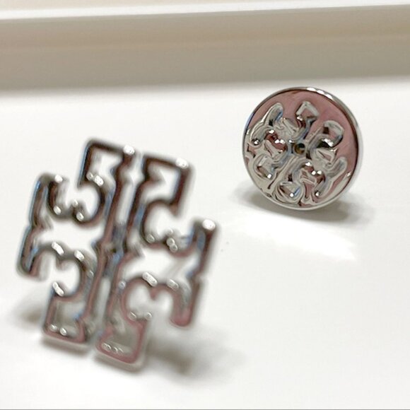 Tory Burch Britten Logo Silver Stud Earrings NWQT - Picture 7 of 8